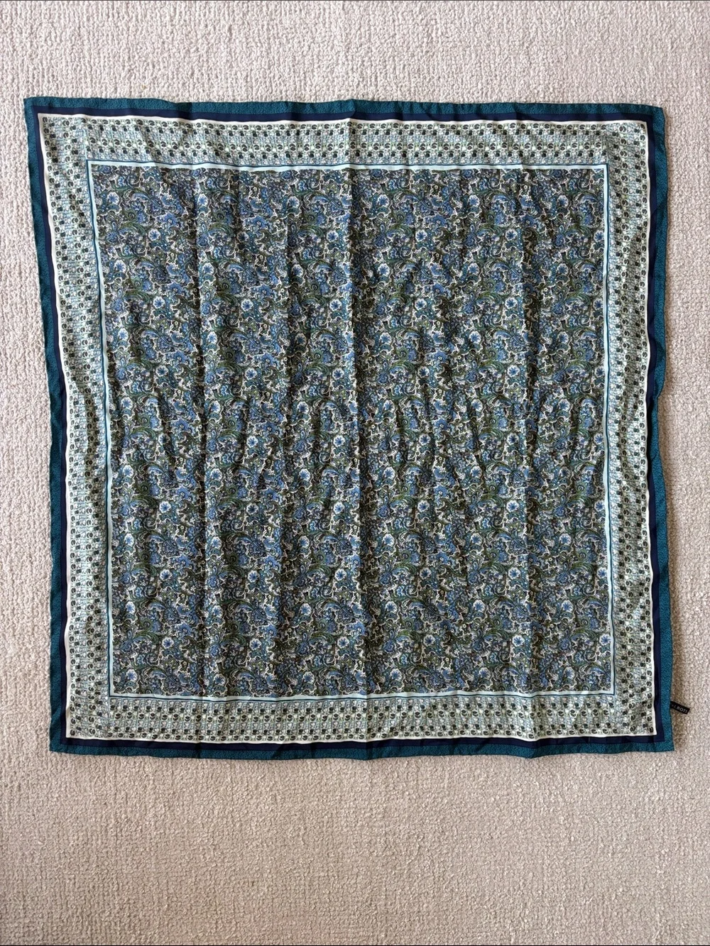 Vintage inspired Talbots Teal and Navy Floral Paisley Square silk Scarf